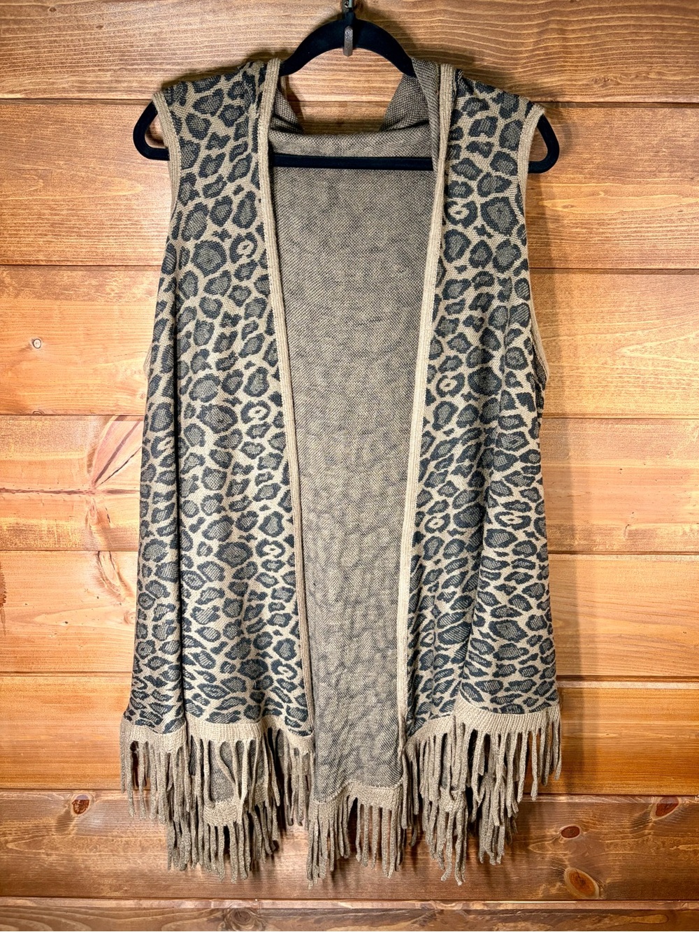 Northern Angel Leopard Print Fringe Open-Front Hooded Cardigan Vest Size 1X 💕🖤